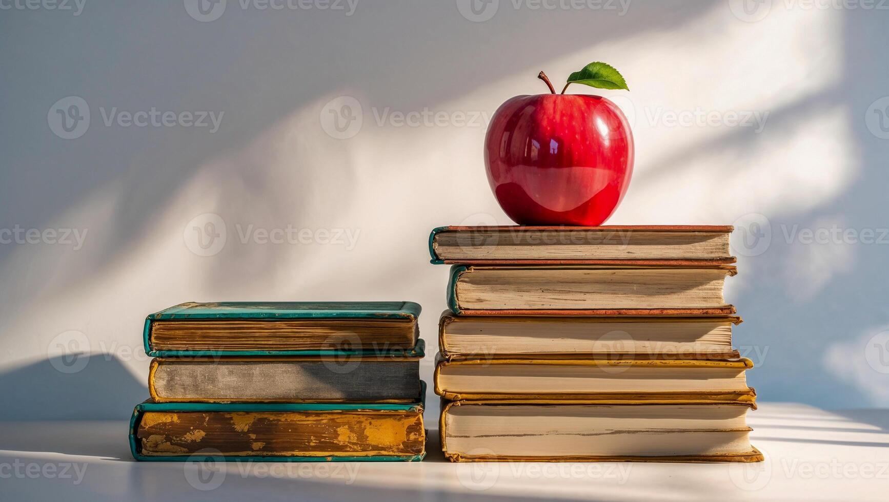 Fresh Red Apple on a Stack of Vintage Books in Bright Classroom Light for Educational and Knowledge Themes photo