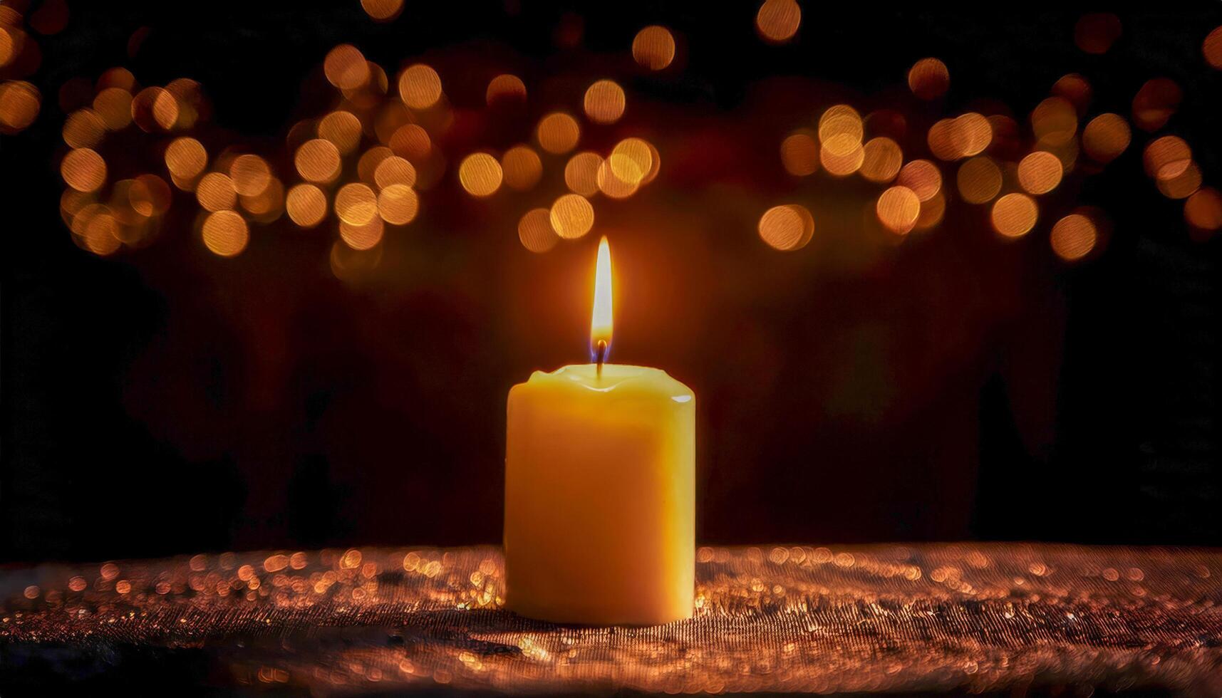 Single yellow candle with a bright flame, resting on a surface with golden glitter, against a dark background with warm golden bokeh lights. Evokes a sense of peace, warmth, and celebration. photo