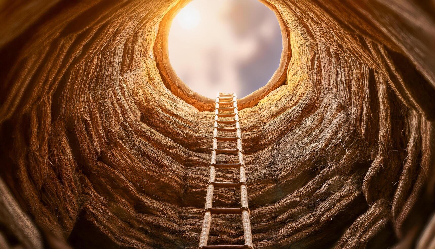 A narrow rope ladder stretches from the depths of a silent well to the glowing sky above each rung a choice, each step upward a fight toward freedom, light, and inner renewal. photo