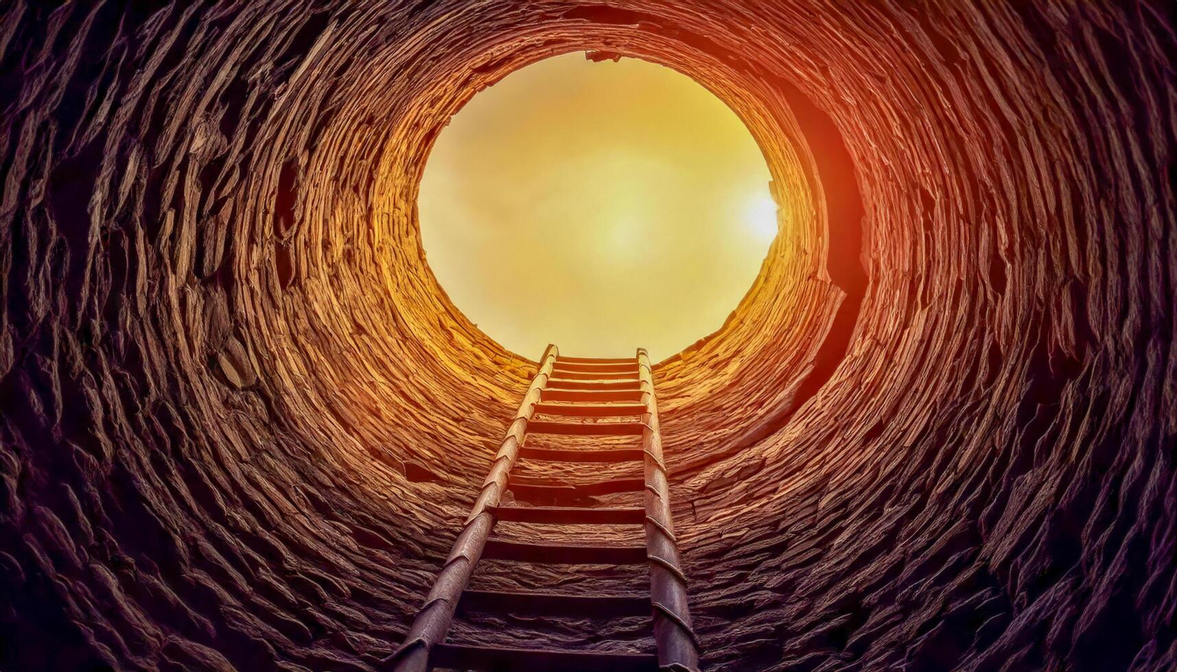 At the bottom of the dark, echoing well, a rope ladder sways gently. Far above, the sky burns golden with light inviting the climb, offering escape, hope, and the promise of healing. photo