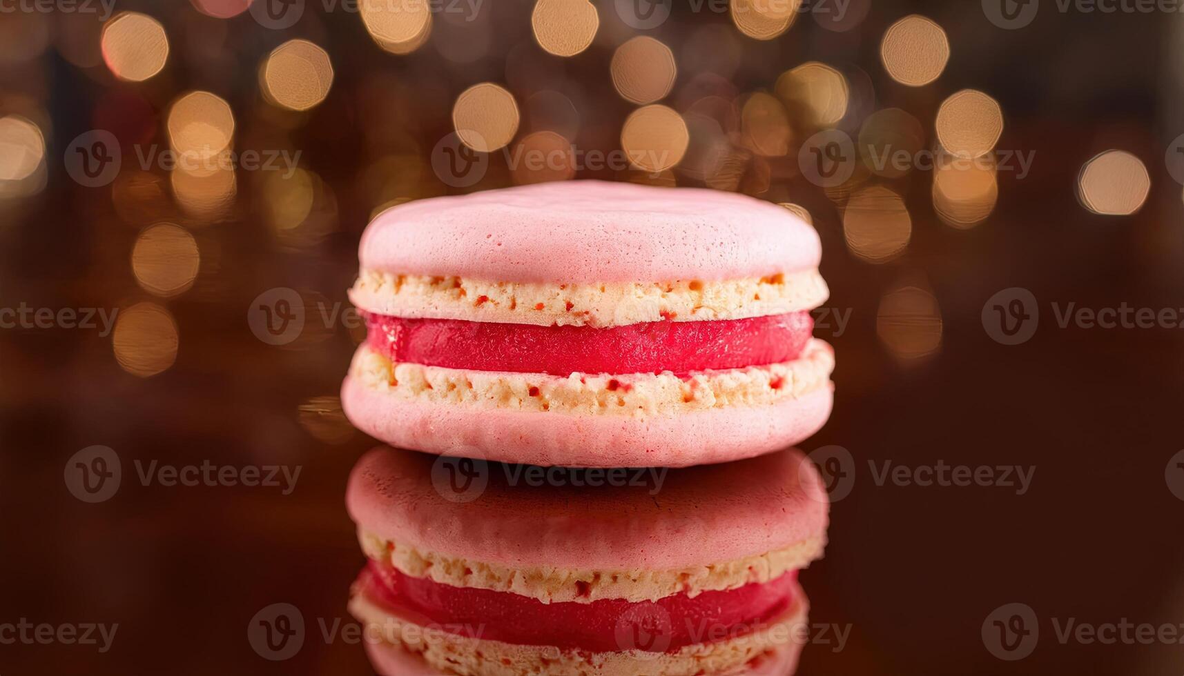 Stack of pink and cream macarons with soft festive lights on rustic table. photo