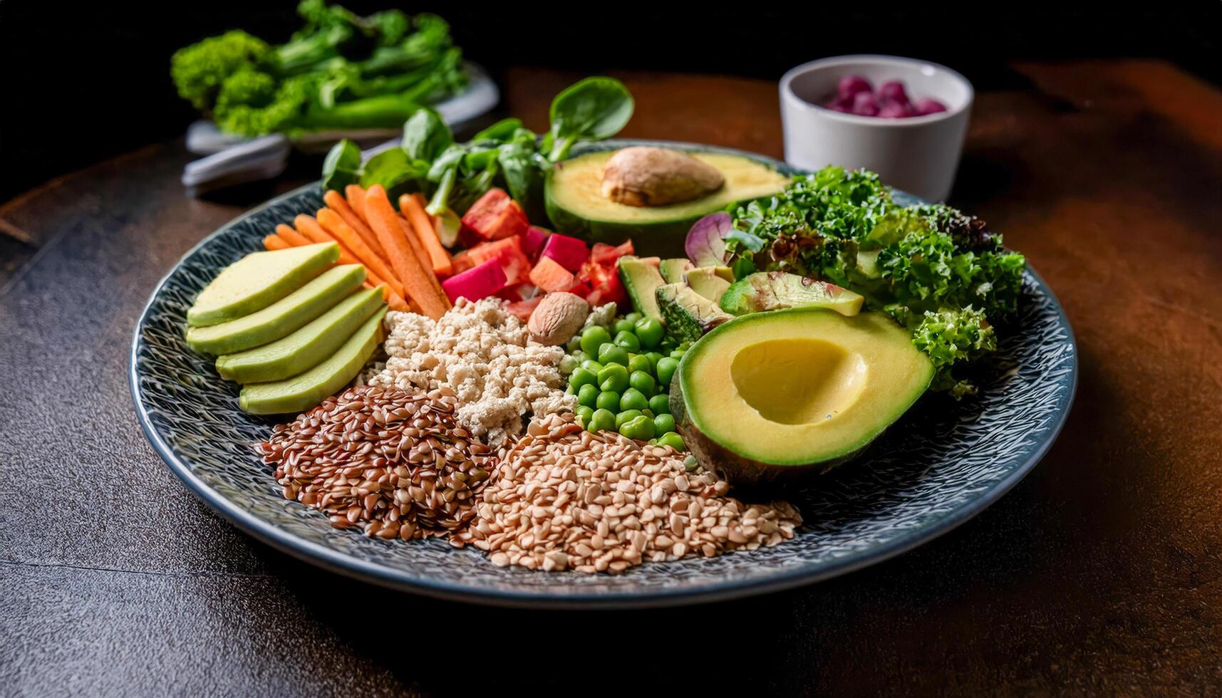 A colorful and healthy buddha bowl featuring quinoa, flax seeds, sesame seeds, green peas, sliced avocado, baby carrots, red bell peppers, spinach, kale, and almonds. Dark wooden table background. photo