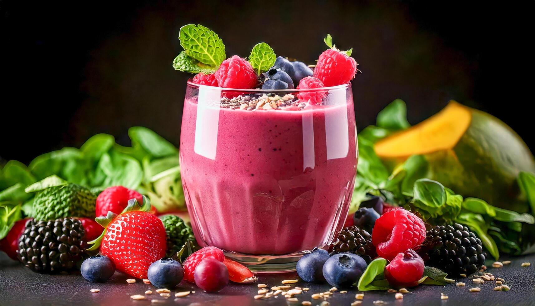 A vibrant berry smoothie in a glass, topped with raspberries, blueberries, and mint, surrounded by fresh strawberries, raspberries, blueberries, and blackberries. Seeds scattered on a gray surface. photo