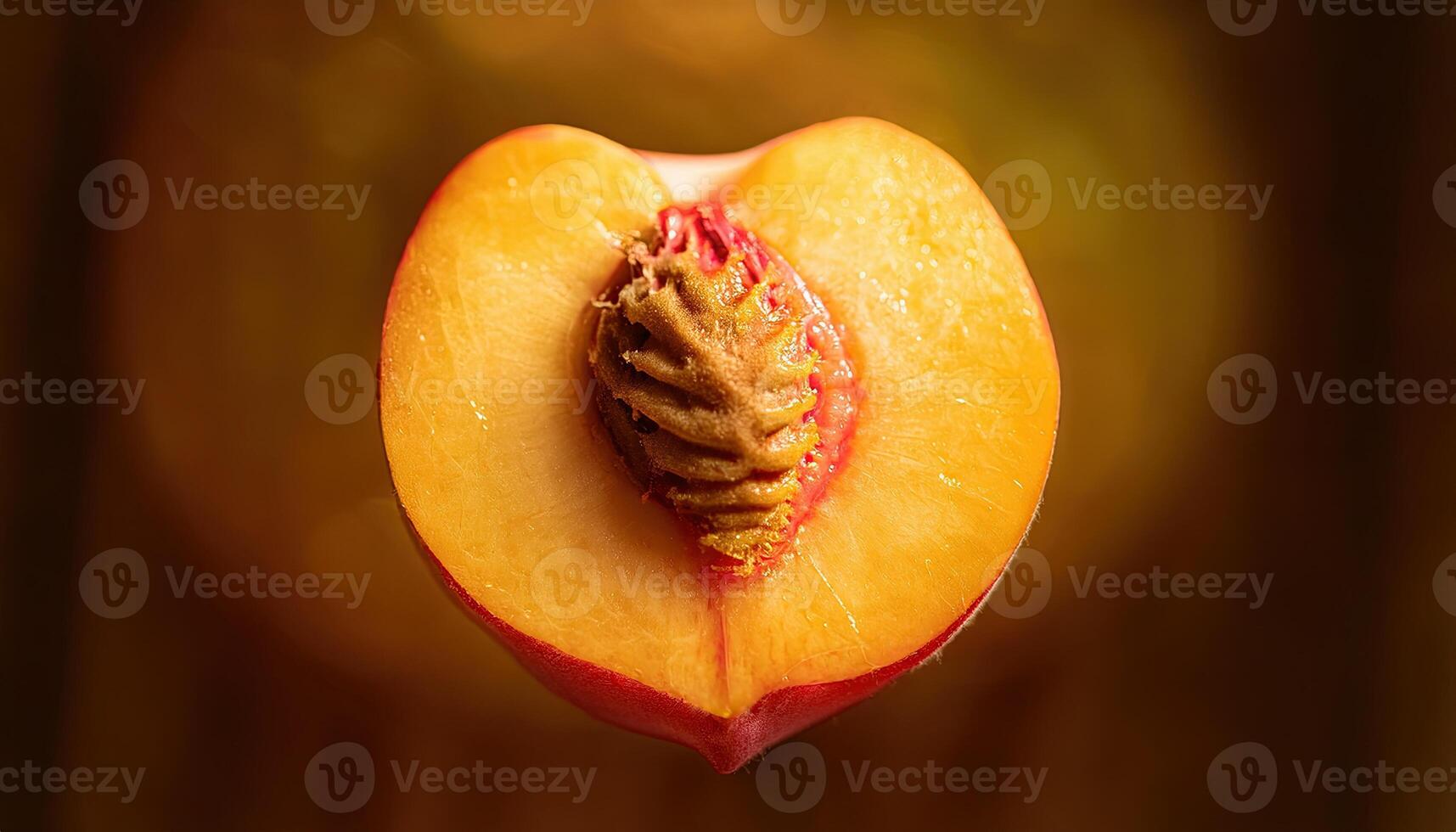 Single fresh peach with pit on dark background, vibrant juicy summer fruit. photo
