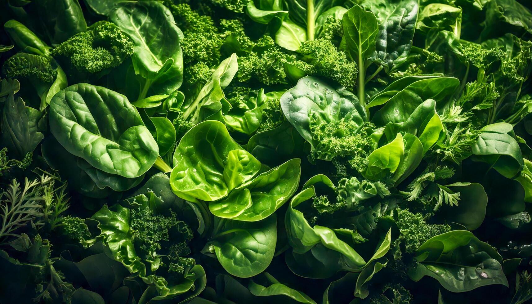 A close-up, abundant pile of fresh, vibrant green leafy vegetables including spinach, kale, and lettuce, showcasing their rich color and crisp texture. photo