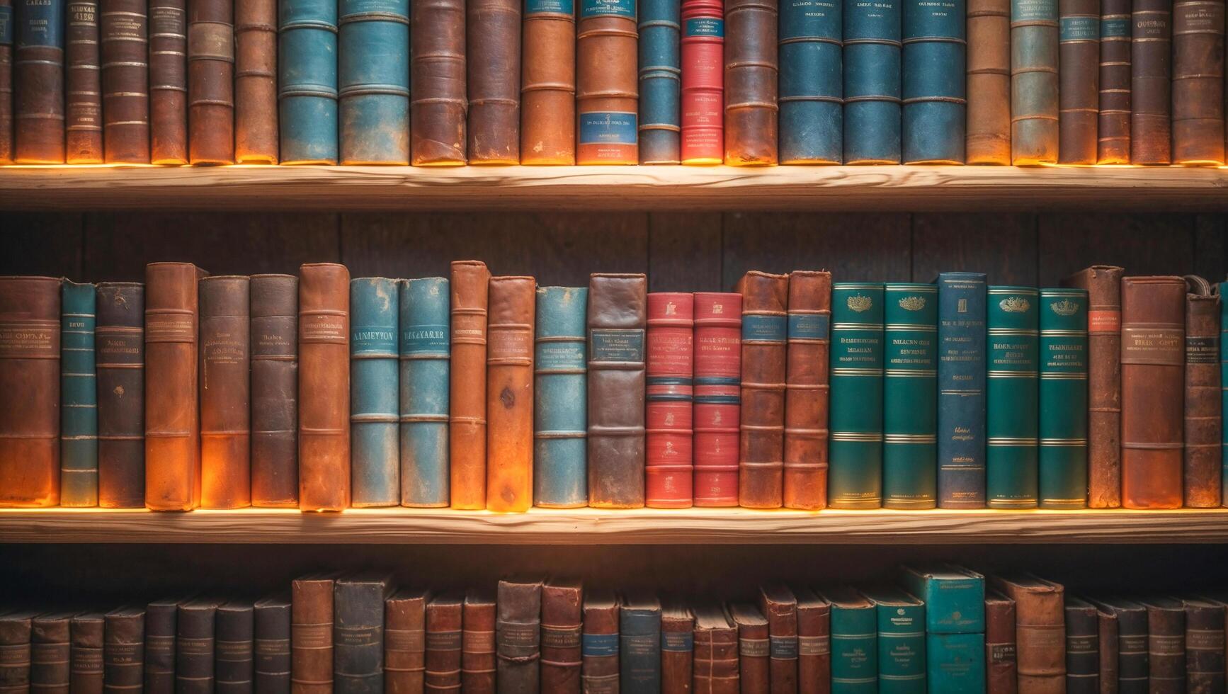 Large wooden bookshelf filled with antique leather-bound books in an old classic library interior setting. photo