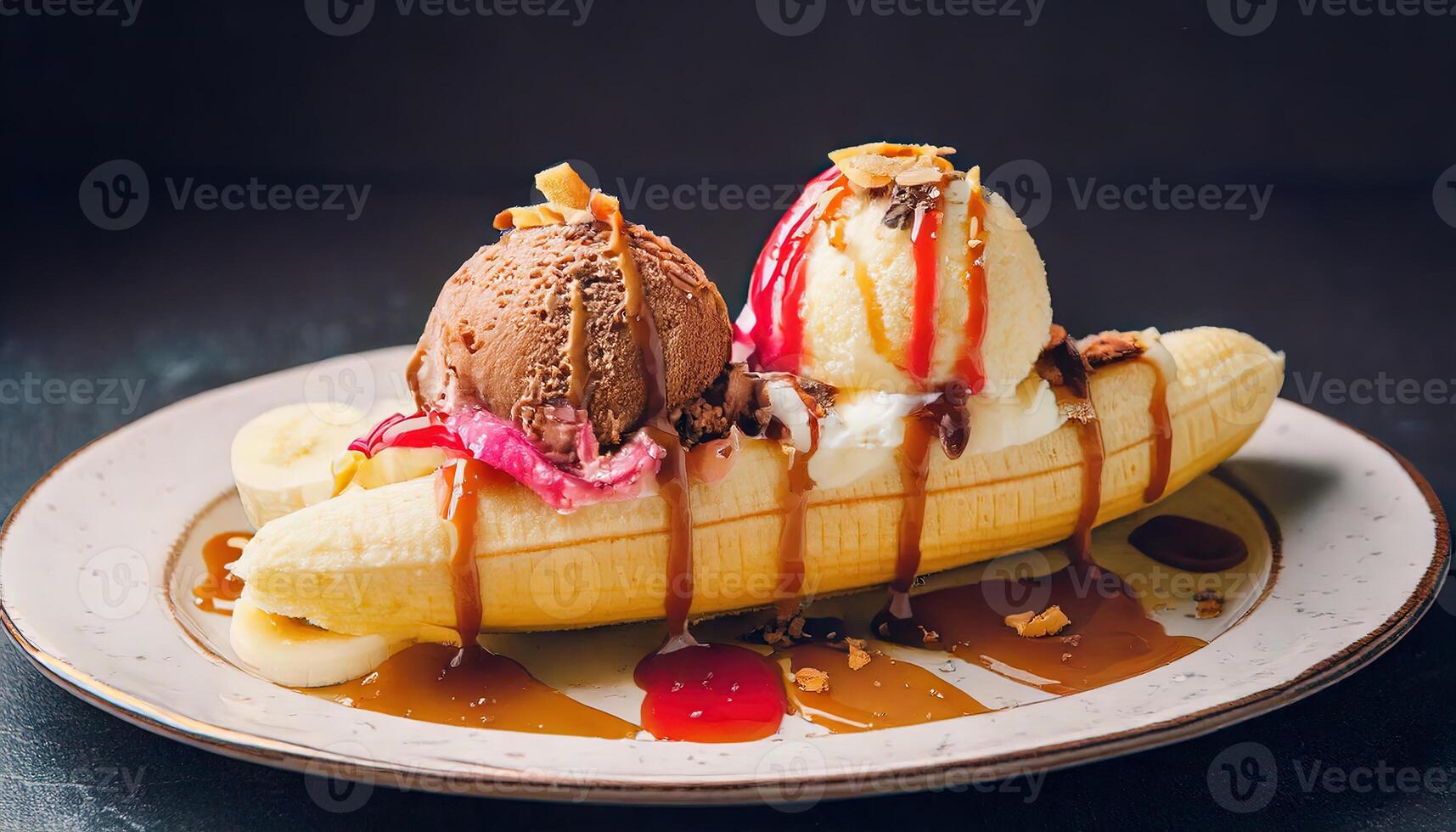 Banana split dessert with three scoops of ice cream, syrup and topping on white plate photo