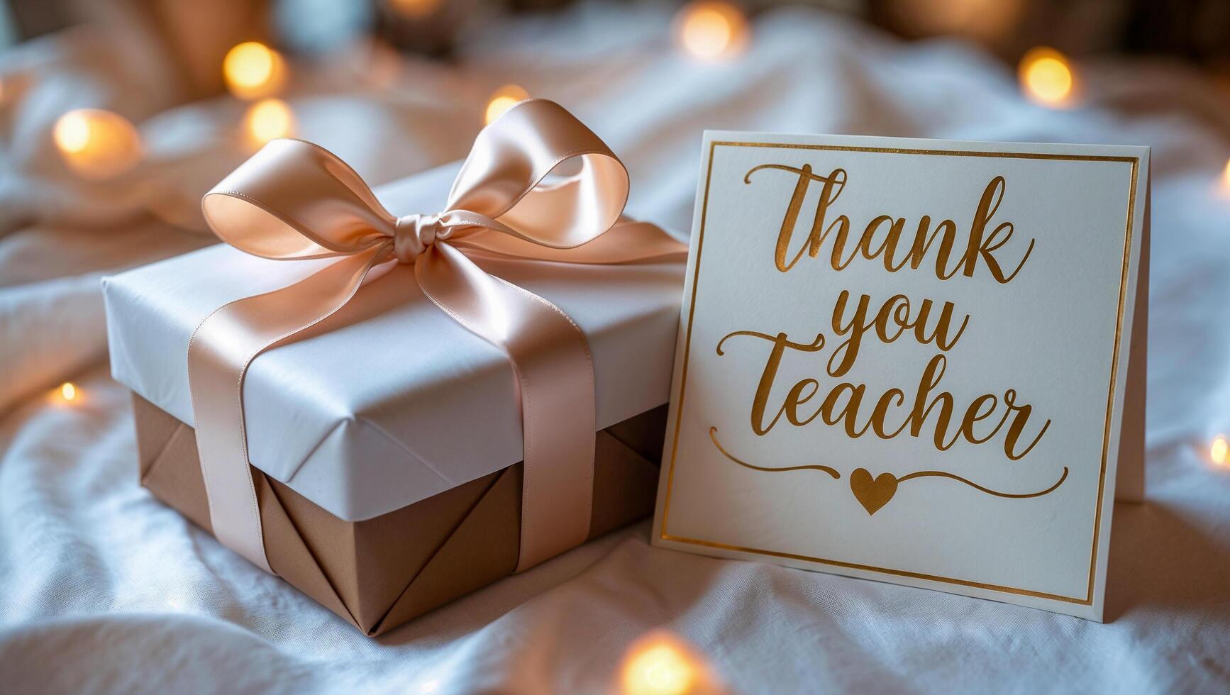 Gift box with ribbon and card reading Thank You Teacher placed on a white table as a festive appreciation present. photo
