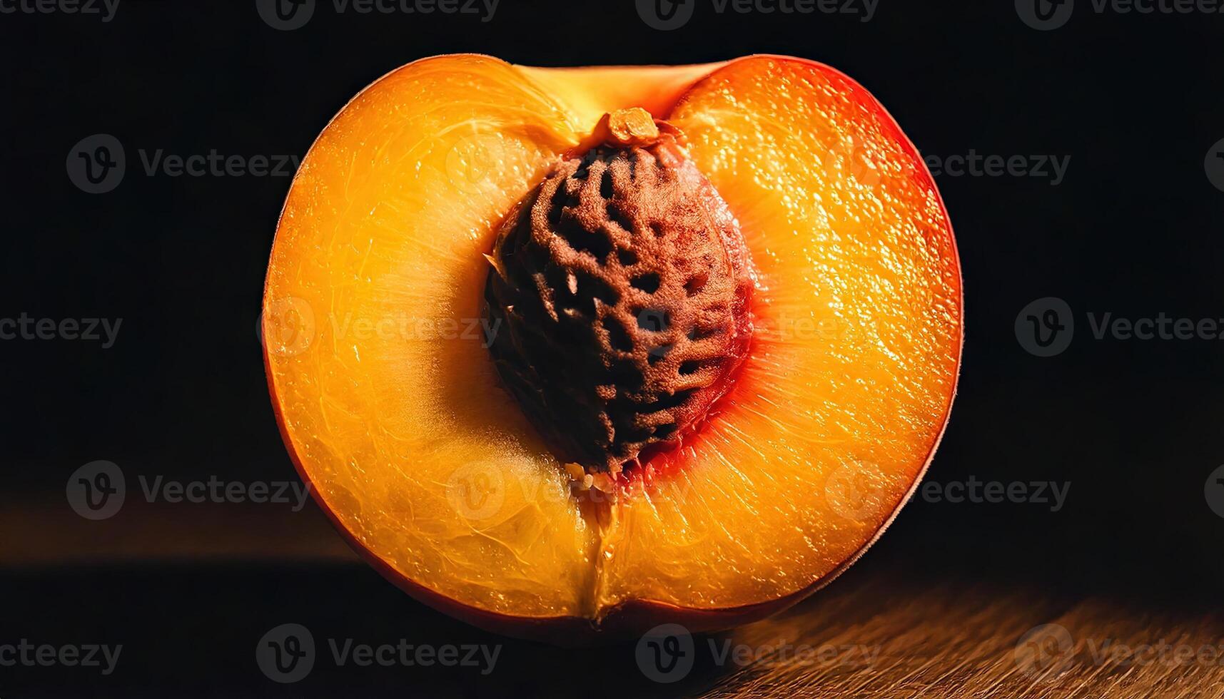 Closeup of ripe juicy peach half with visible pit and soft bright orange flesh. photo