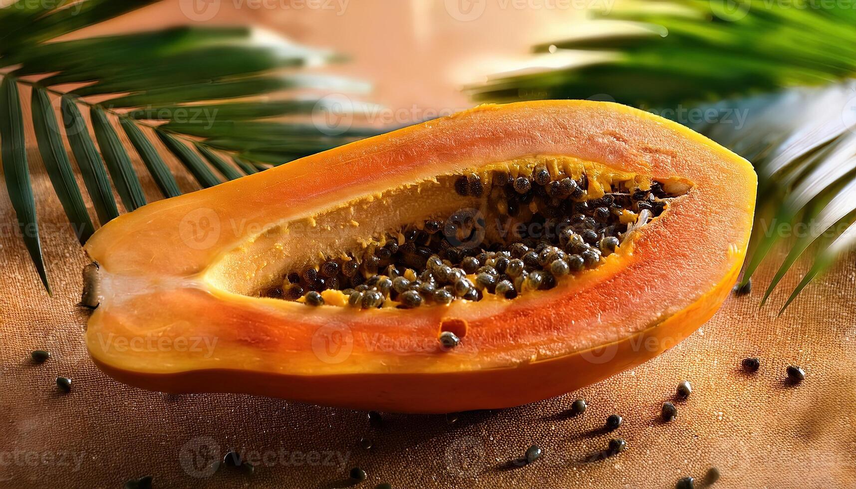Juicy ripe papaya cut open with visible seeds on tropical rustic wooden table. photo