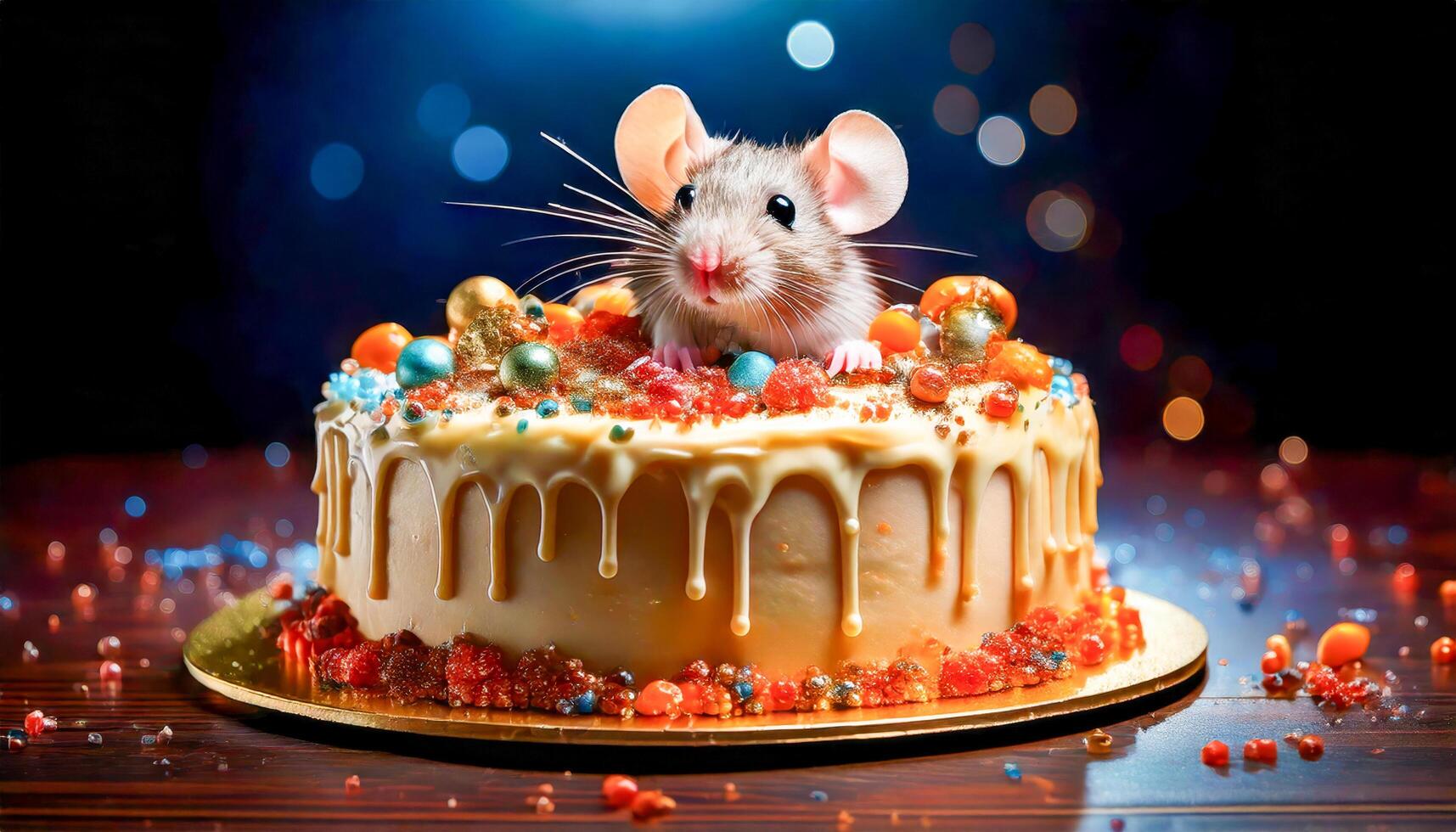 A prank birthday cake with a fake plastic mouse popping out, set up for a funny and unexpected surprise. photo