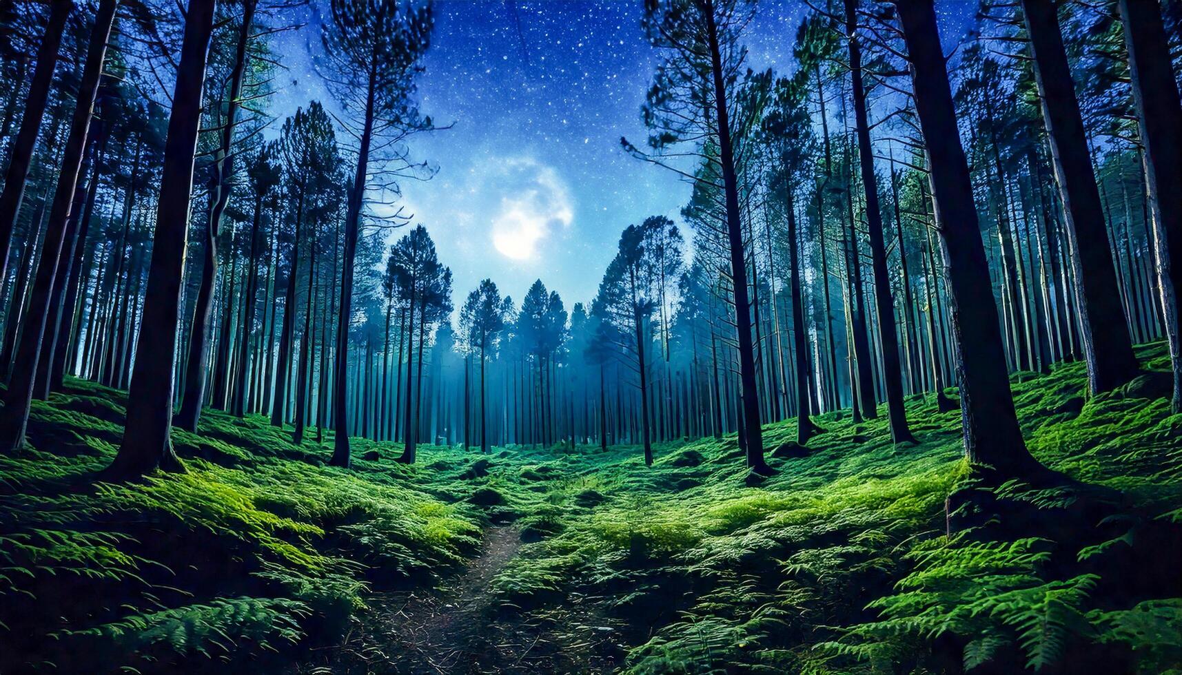 A dense forest under a starry sky, bathed in soft moonlight, with no artificial lights visible, highlighting the beauty of untouched nature. photo
