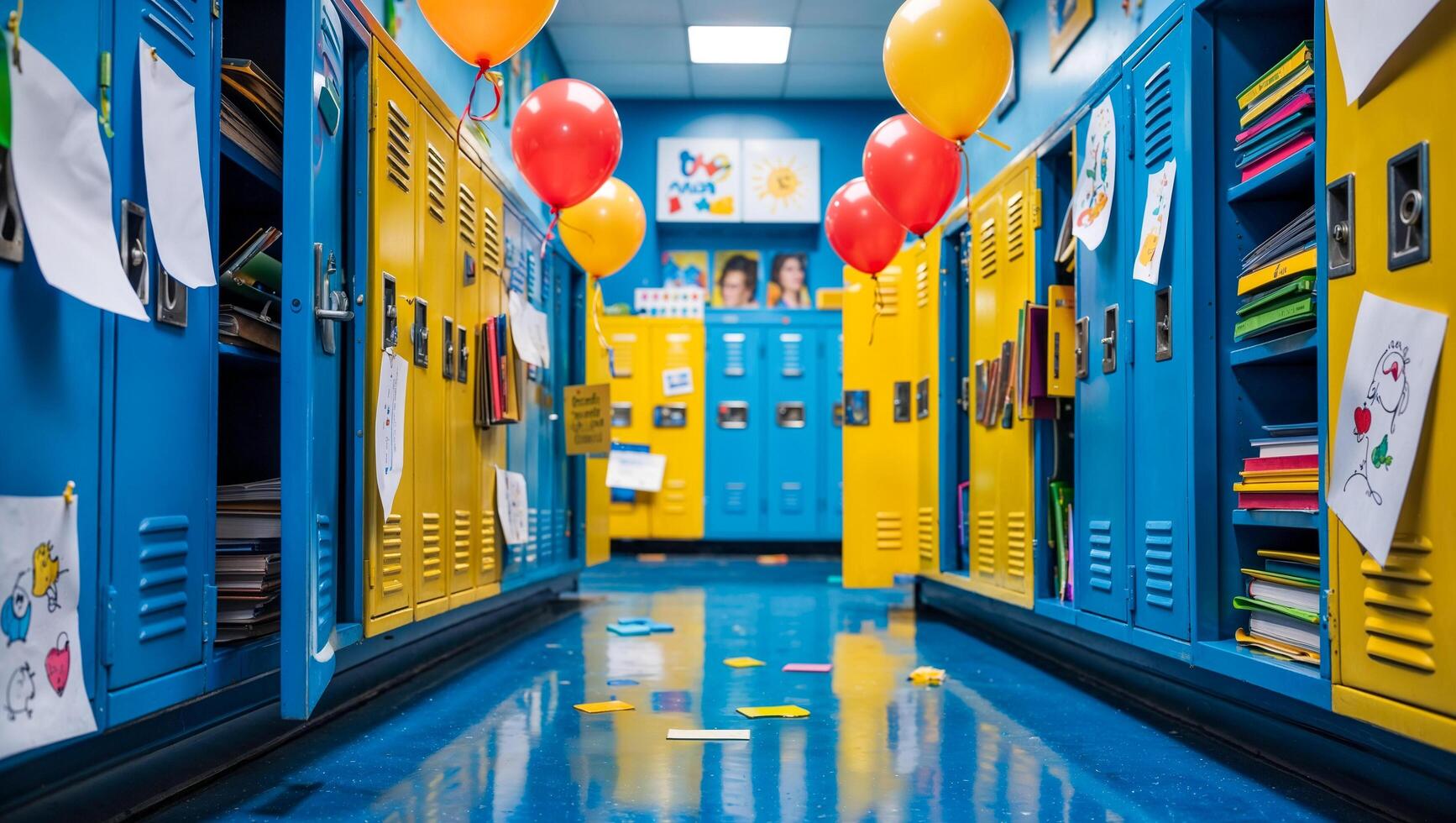 Colorful school hallway with rows of blue lockers and balloons decorating the ceiling for festive welcome event. photo