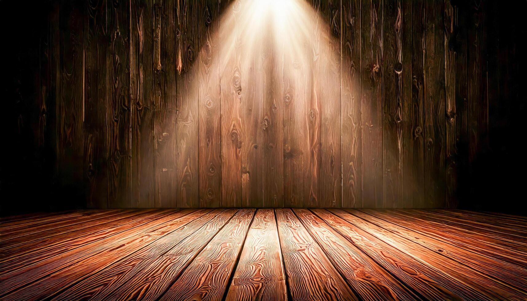 The old theater breathes in silence. One spotlight casts a circle of light on scuffed wood, where every creak and shadow tells of performances long past and moments held in memory. photo