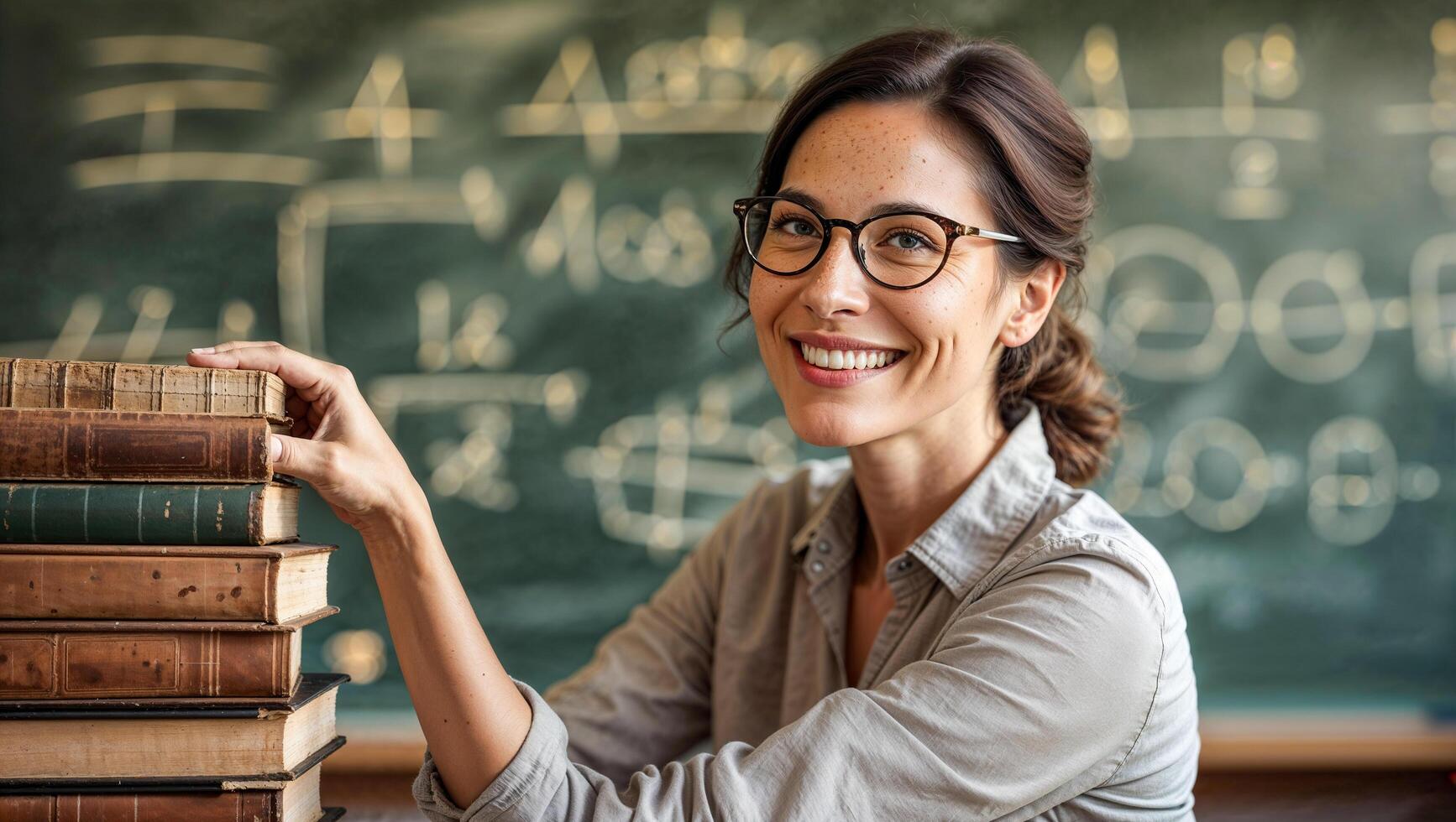 Smiling female teacher standing in front of chalkboard holding stack of books ready to start classroom lesson. photo
