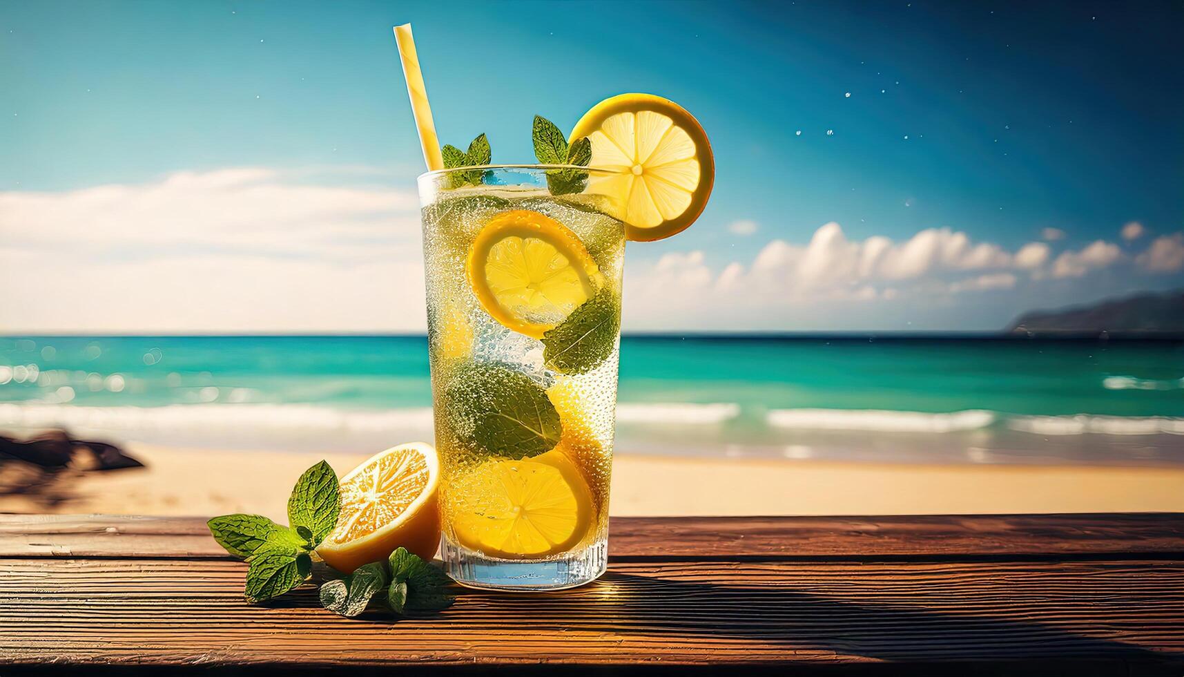 Citrus lemonade with lemon and lime slices on a wooden table by the sea photo