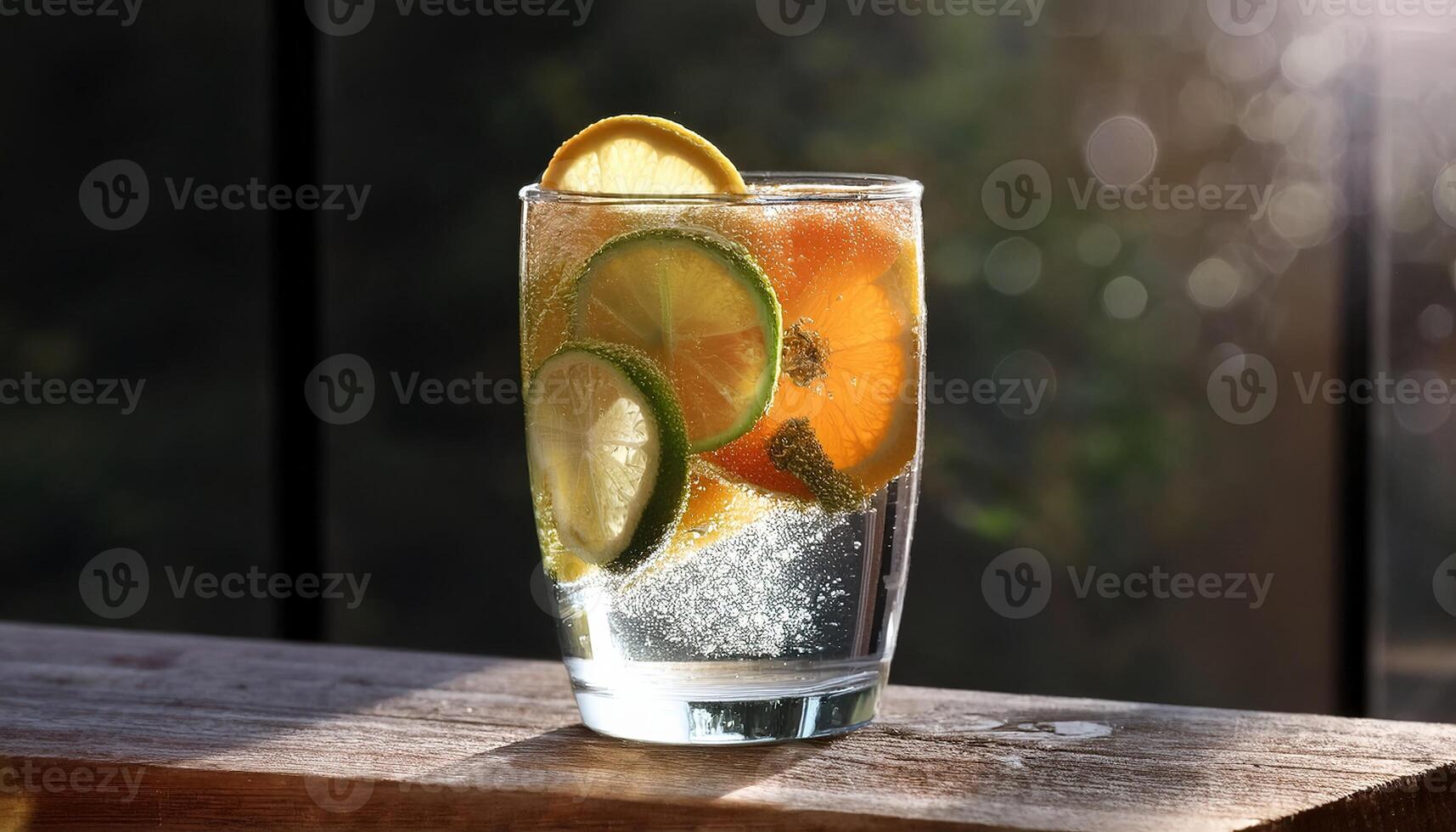 Glass of lemon water with mint on table photo