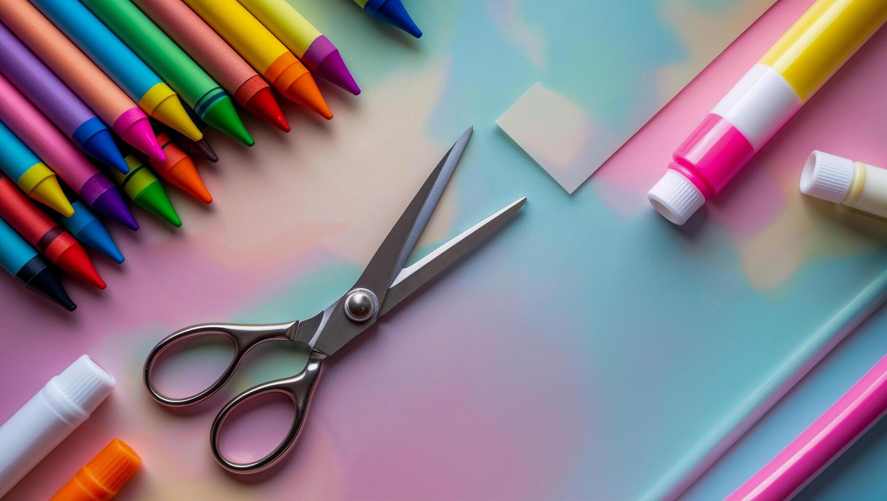 Brightly colored pencils, markers, and scissors scattered across a light pink surface with soft natural lighting. photo