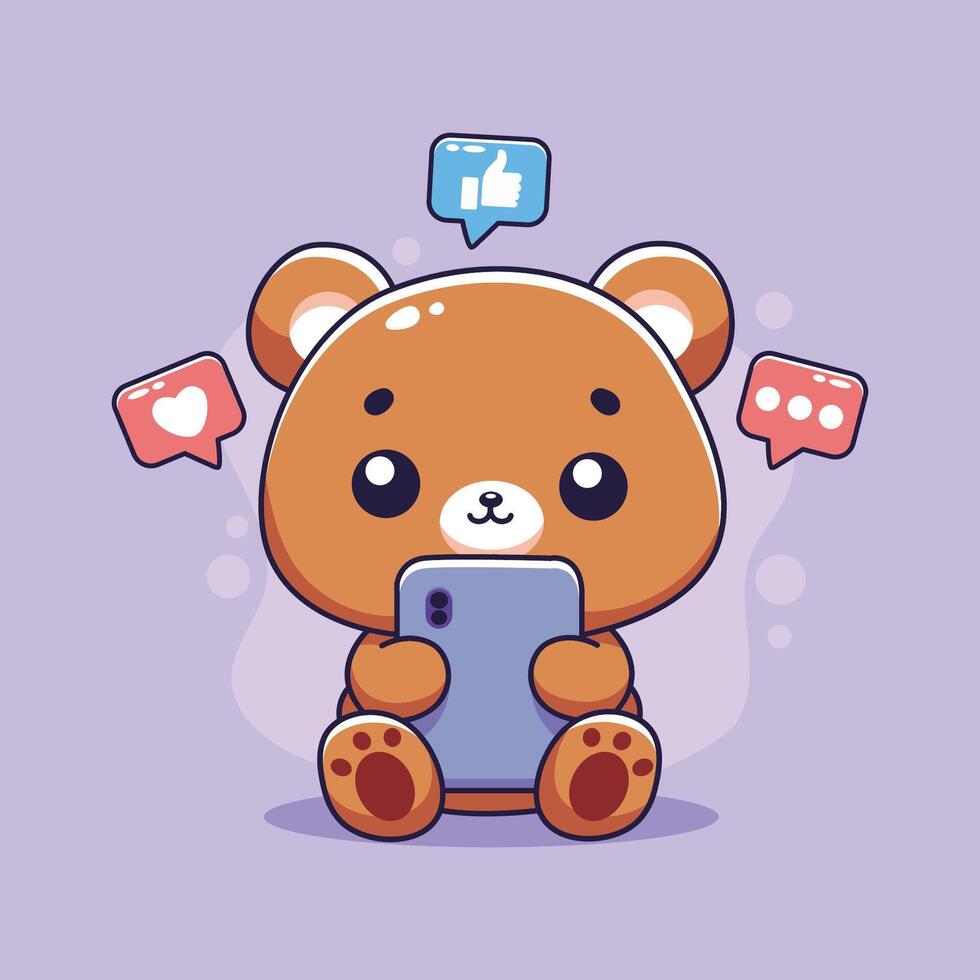 Cute bear with smartphone and social media icons. illustration. vector