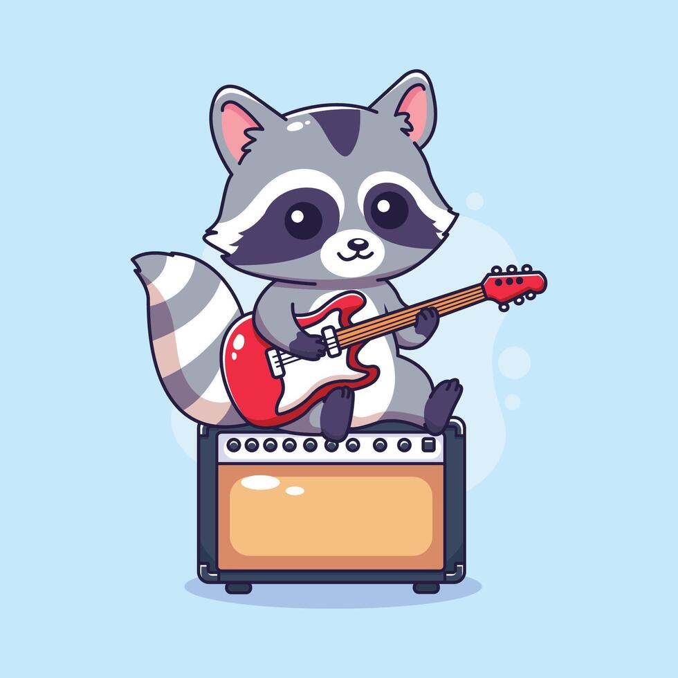 Cute Raccoon Rock Star Playing Guitar on Amplifier. illustration vector