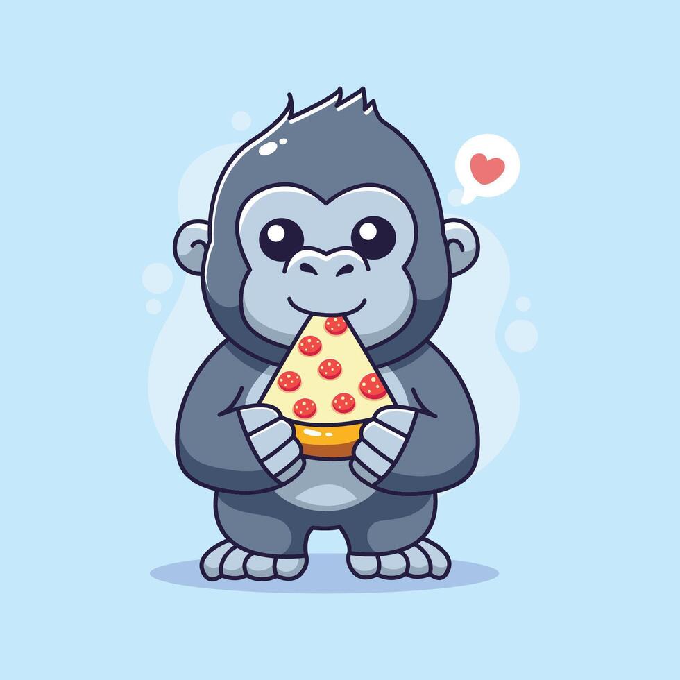cute Cartoon Gorilla Enjoying a Slice of Pizza. illustration vector