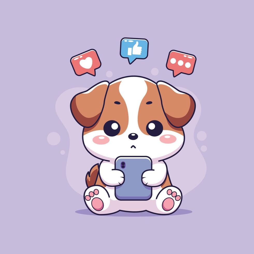 Cute puppy with smartphone and social media icons. illustration. vector