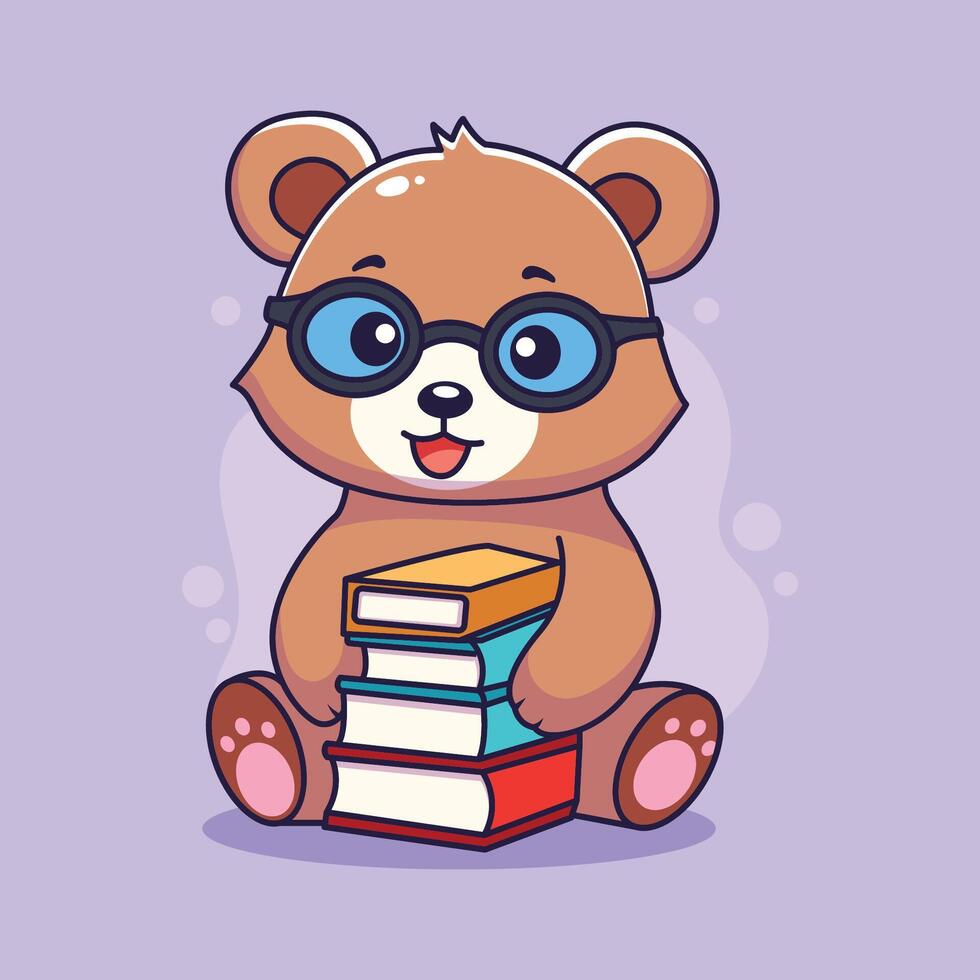 cute cartoon bear wearing glasses with book . illustration vector