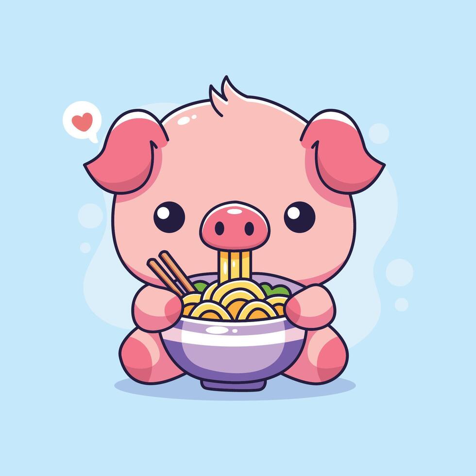 cute cartoon pig eating noodles. illustration vector