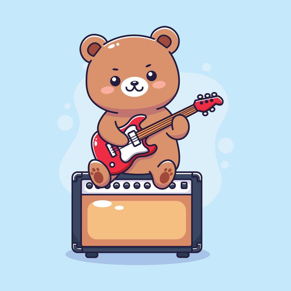 Cute Cartoon Bear Playing Electric Guitar on an Amplifier. illustration vector