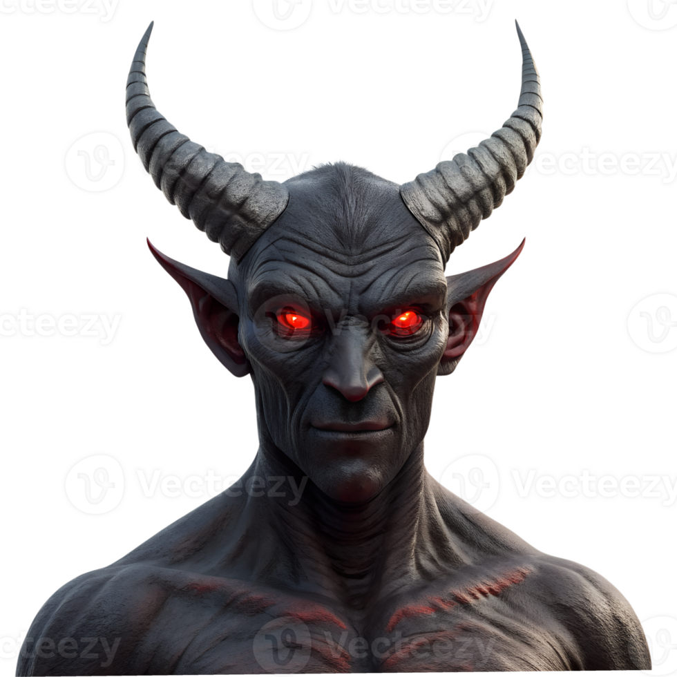3D Render of a Demon with Horns and Glowing Eyes png