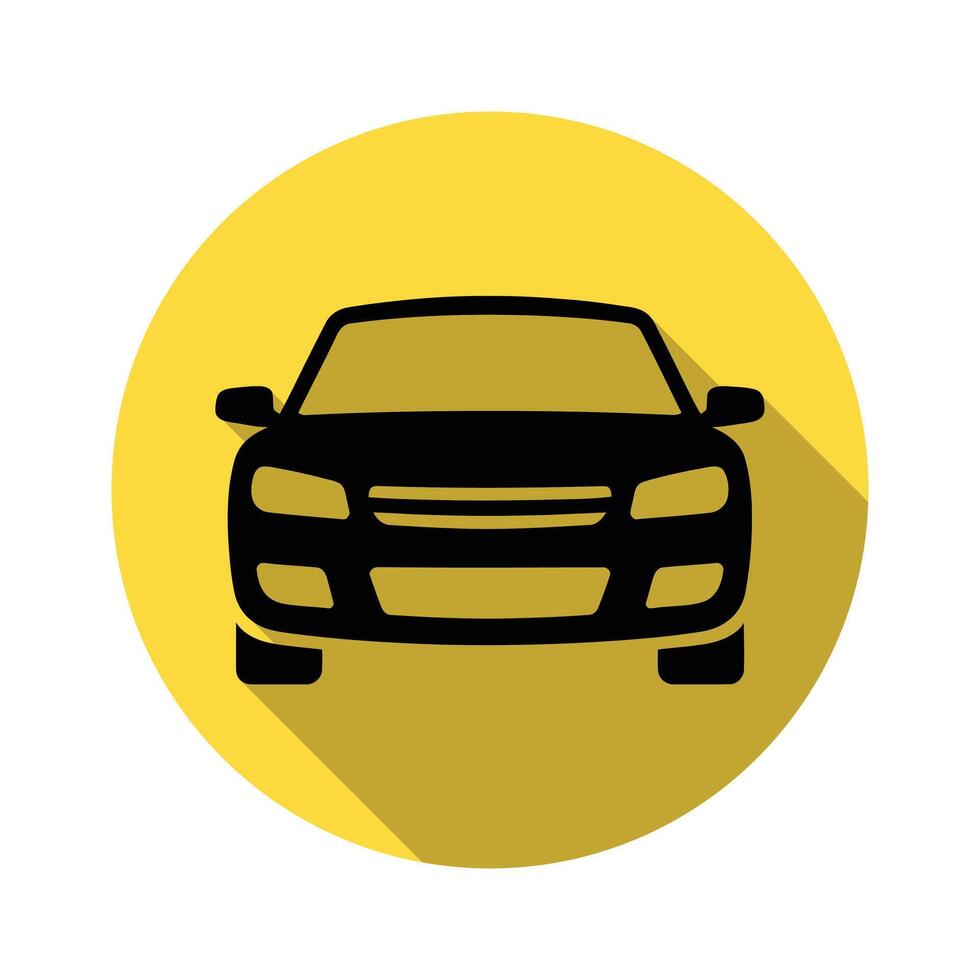 Black Car Front View Icon on Yellow Circle with Long Shadow Design vector