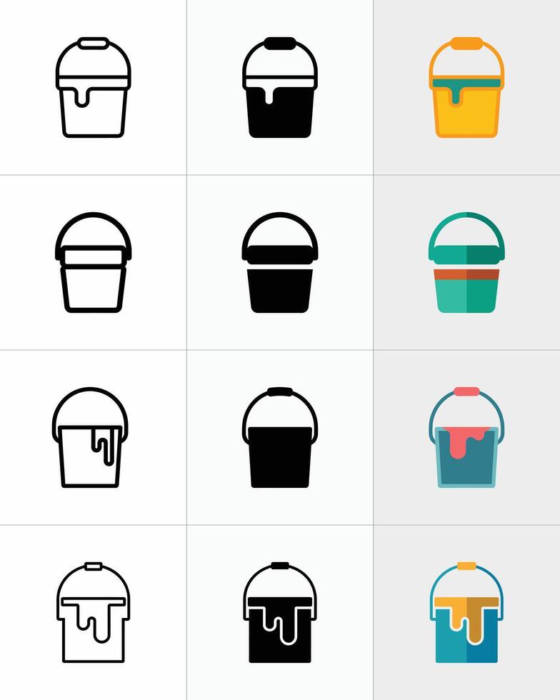 Paint Bucket Icon Set, Color Buckets, Graphic, Line Style, Minimalist Design vector