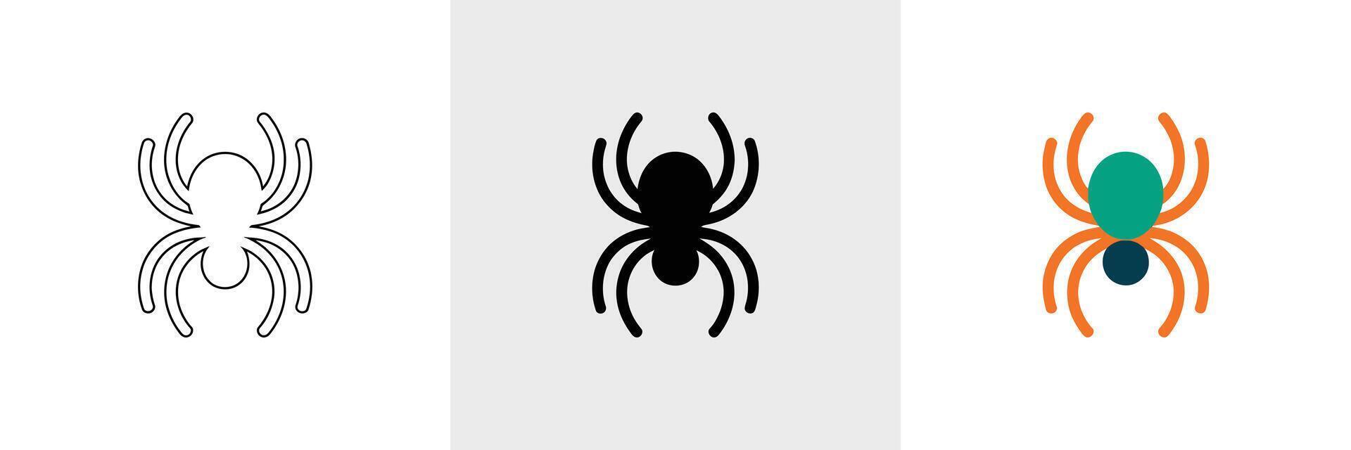 Simple Spider Set with Outline, Silhouette, and Colorful Design on White Background vector