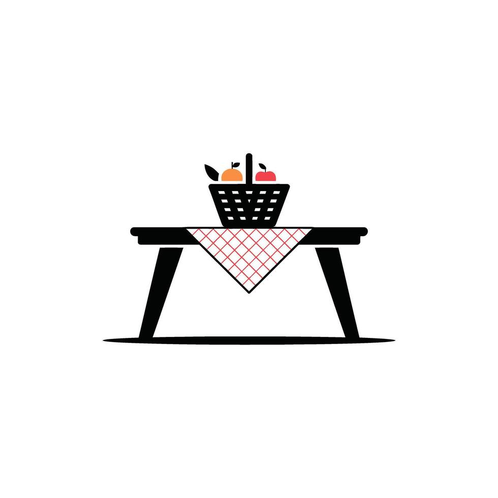 Stylized Picnic Illustration Black Table with Red Checkered Cloth and Basket with Fruit vector