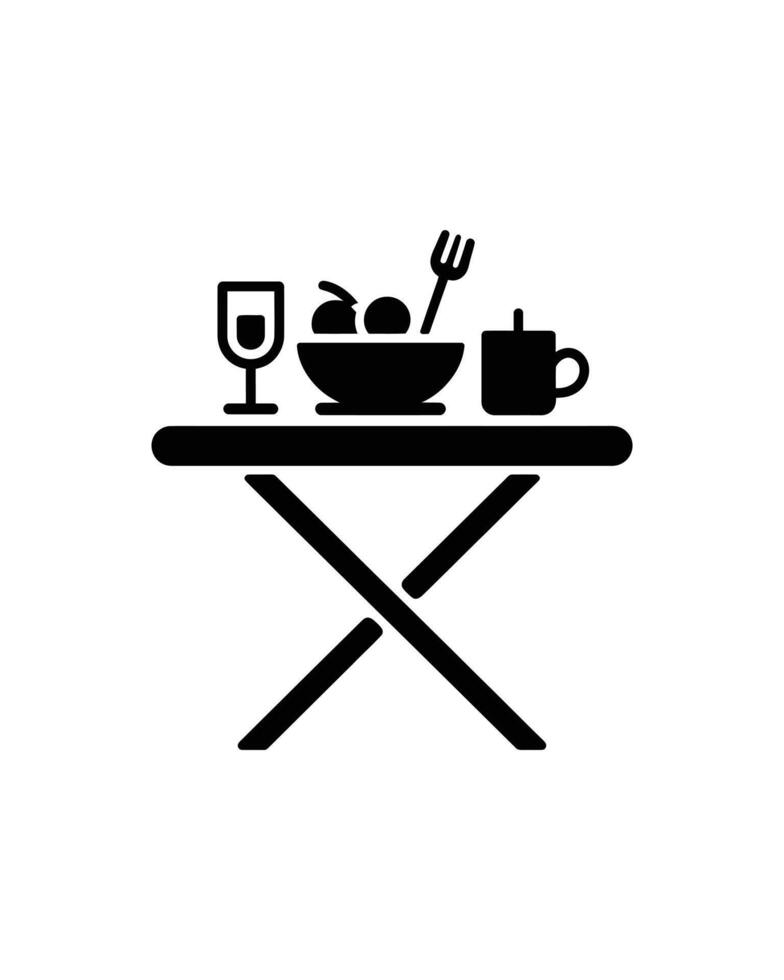 Black and White Icon Table Setting with Wine Glass, Mug, Fruit Bowl, Fork vector