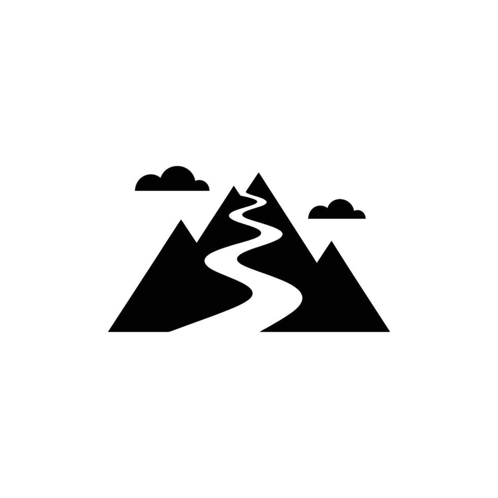 Black and White Icon of Mountains with Winding Path and Clouds Silhouette vector