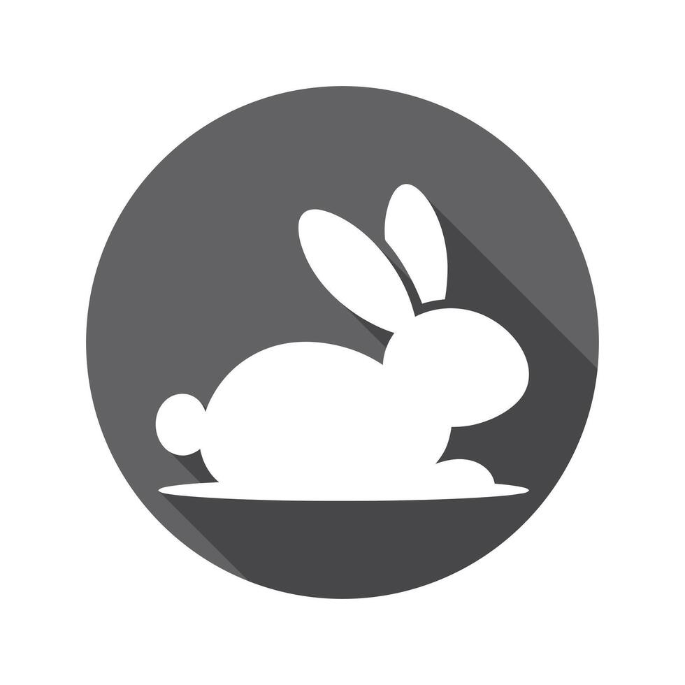 White Bunny Silhouette Icon on Gray Circle with Long Shadow Illustration vector