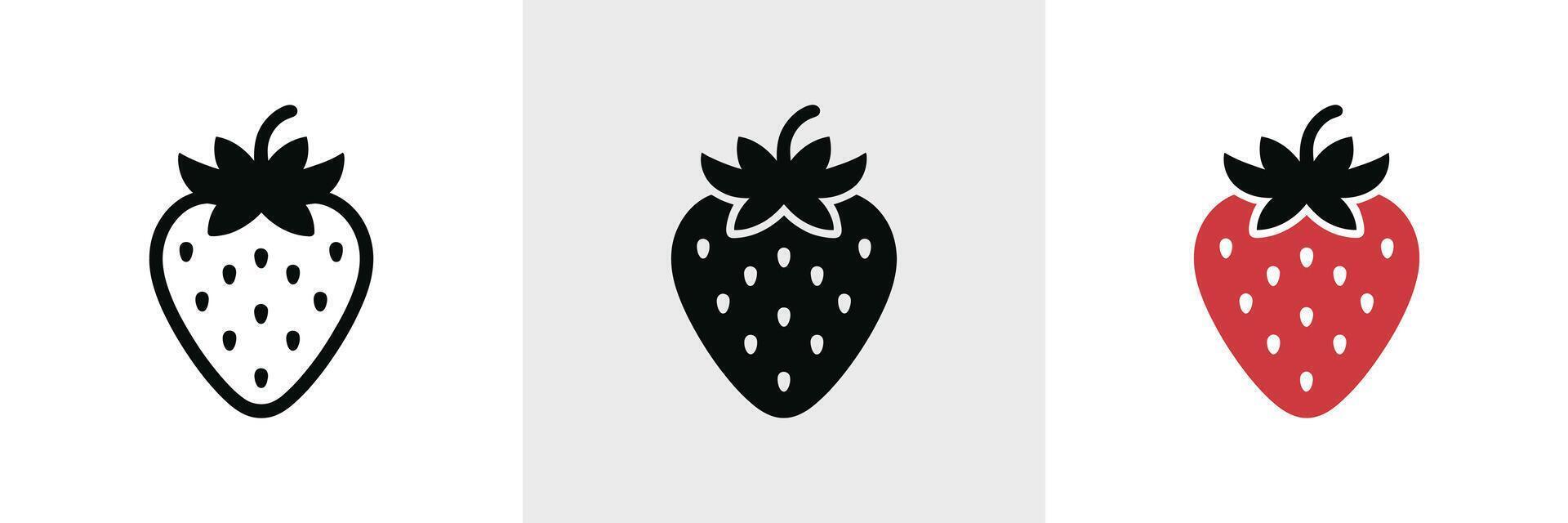 Three Strawberry icons on white background, in black and red color. Freshness vector