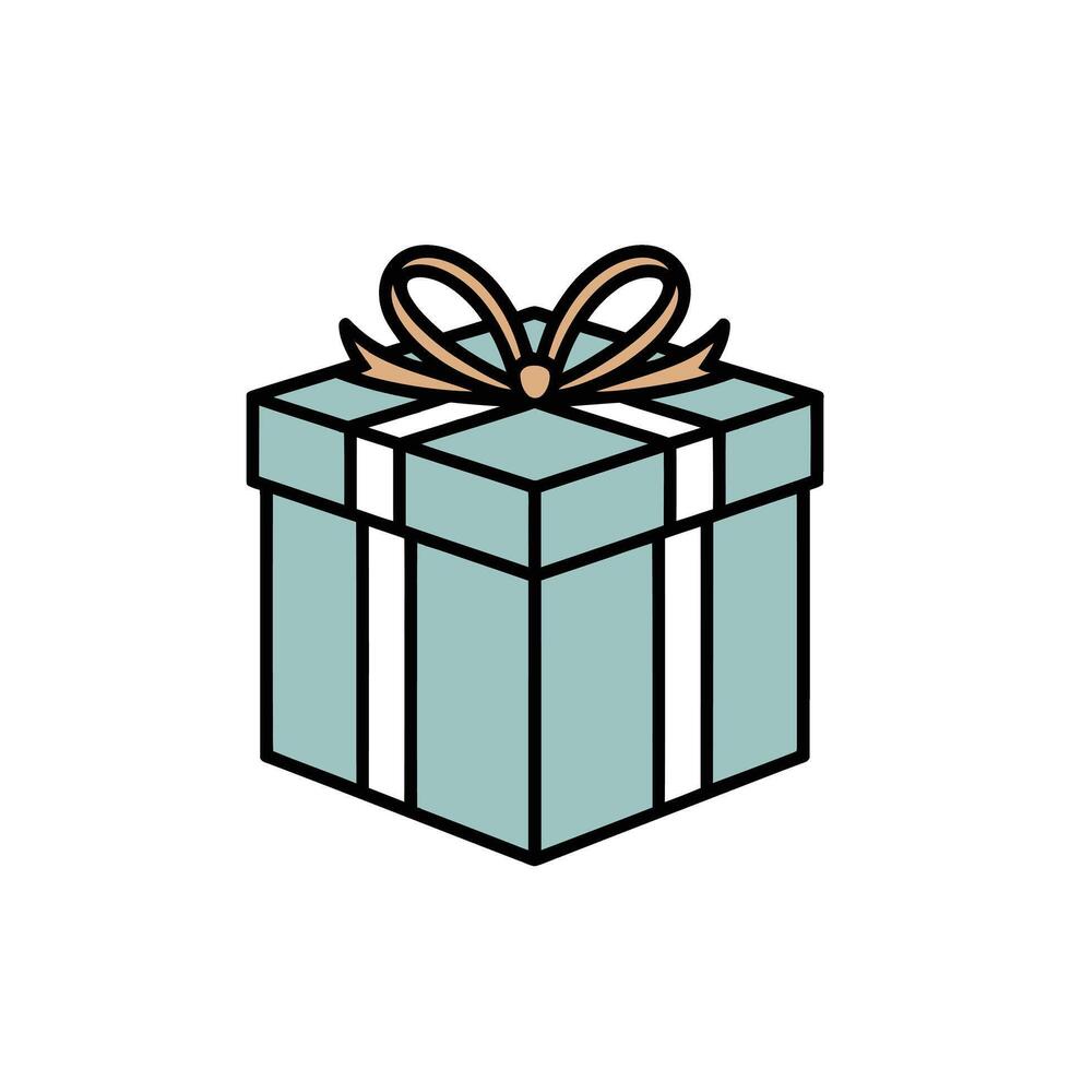 Teal Gift Box with Peach Ribbon Minimalist Illustration, Black Outline, Simple Design vector