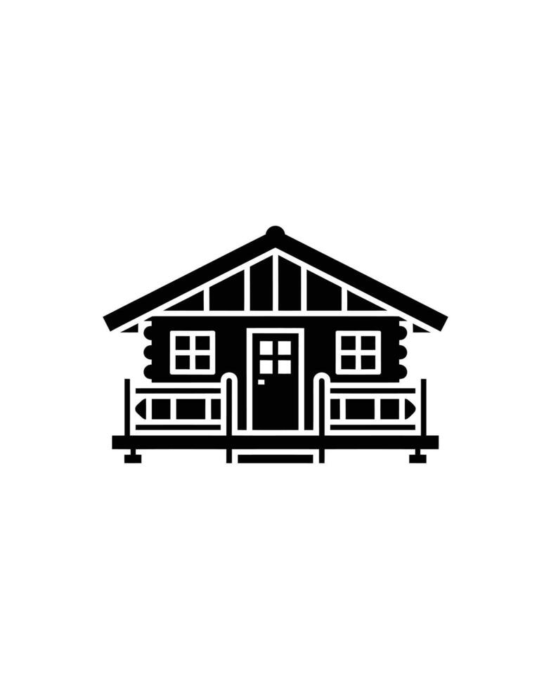 Black and White Log Cabin Icon with Porch and Gabled Roof Design vector