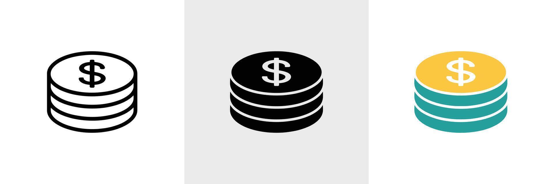 Stack of Coins with Dollar Sign in Line, Solid and Colored Fill Format Isolated vector