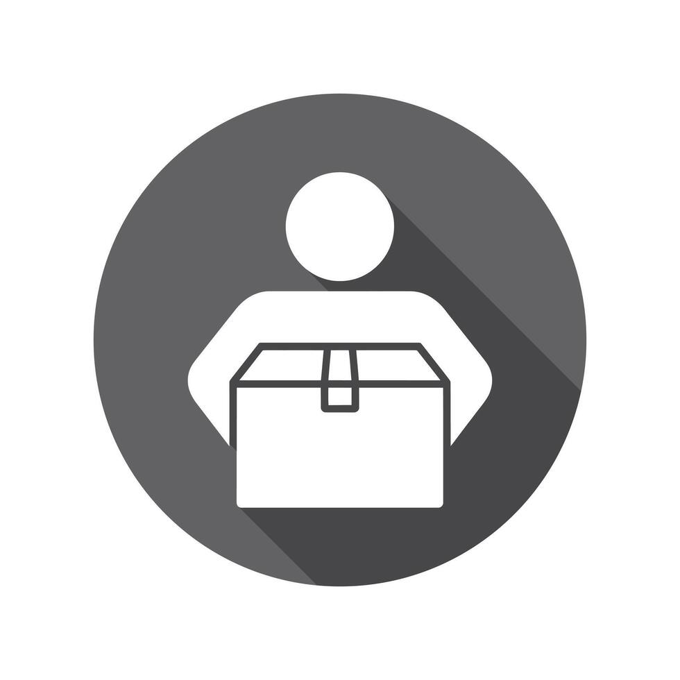 Round Icon of Person Carrying Package With Shadow Effect in Gray and White vector