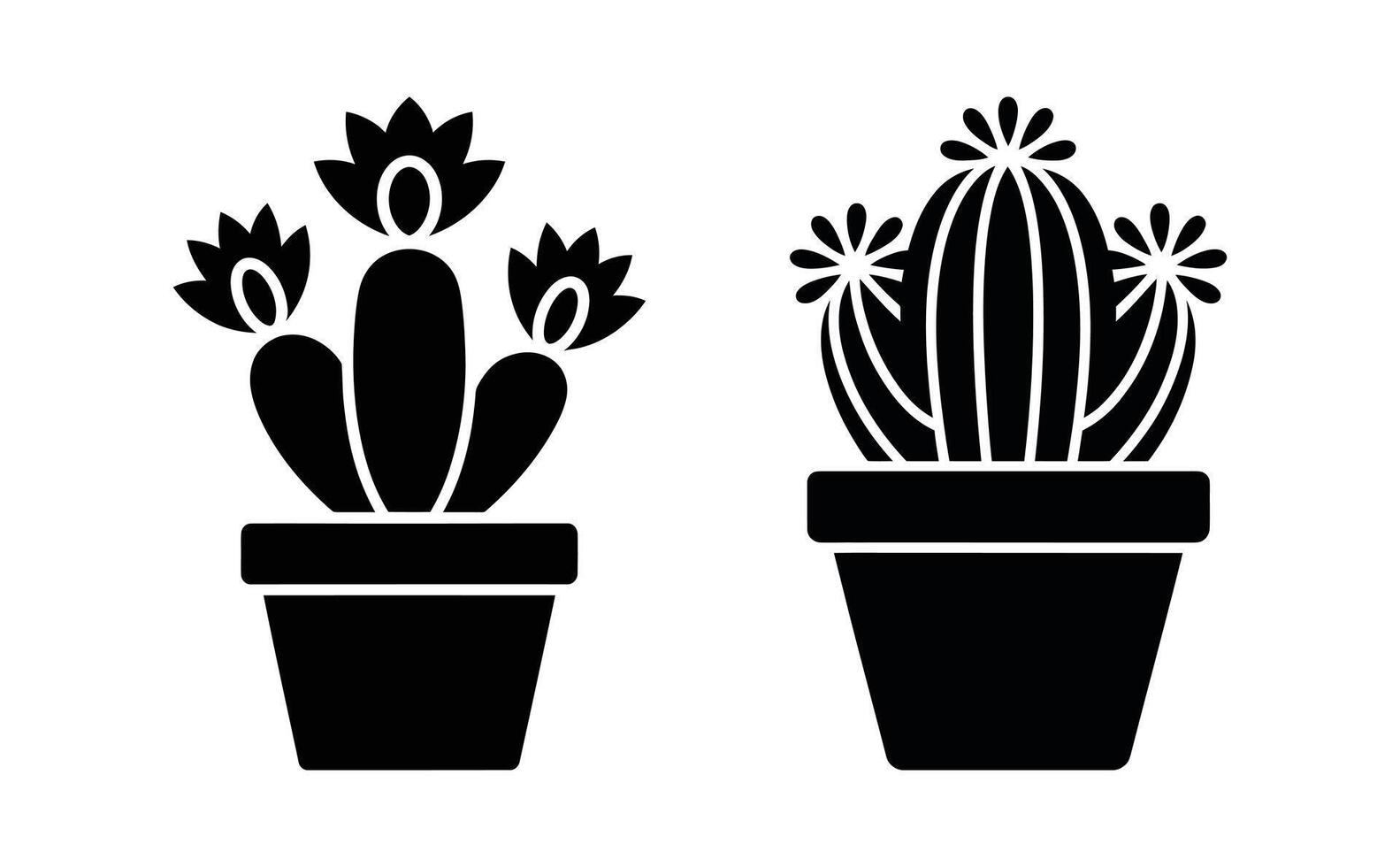 Two Black Silhouettes of Flowering Cacti in Pots, Minimalist Plant Art Illustration vector