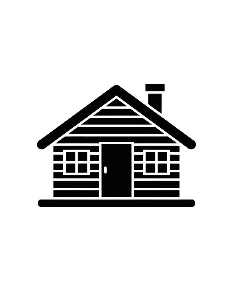 Simple Black and White Log Cabin Illustration with Chimney and Windows Icon Design vector