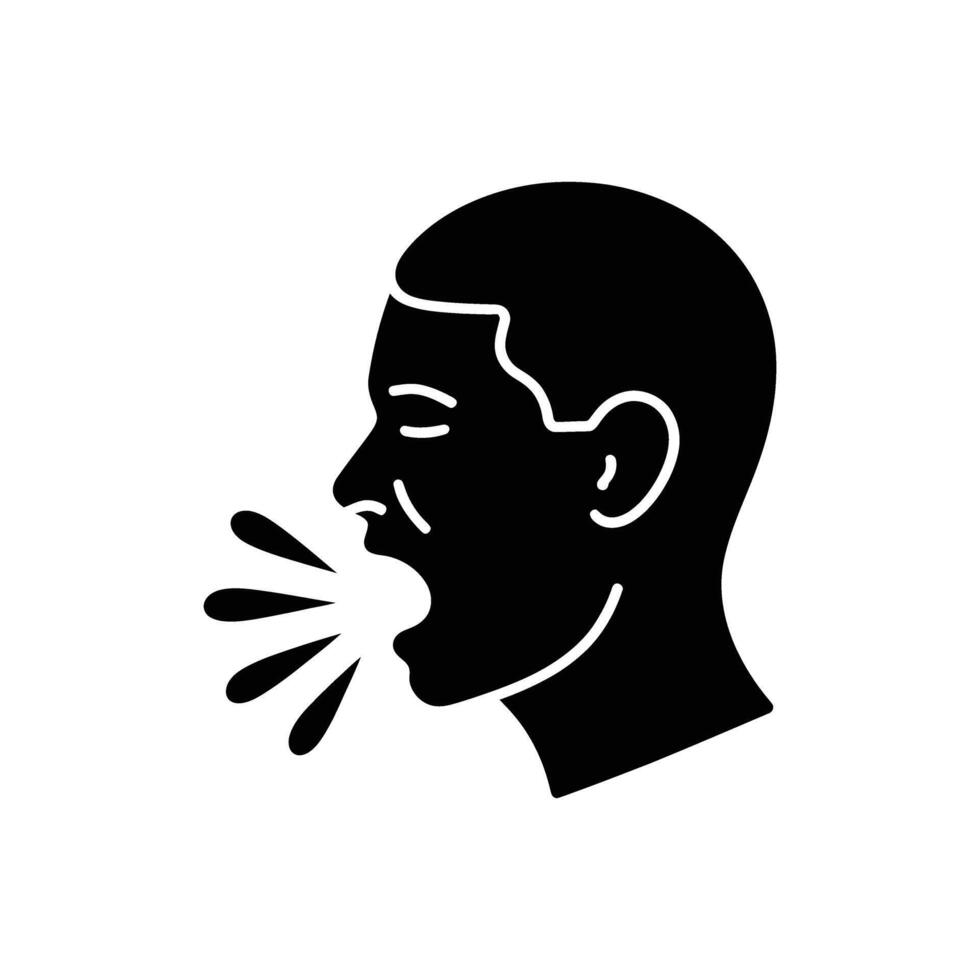 Man's Head Silhouette Coughing or Sneezing, Spreading Droplets, Black and White Illustration vector