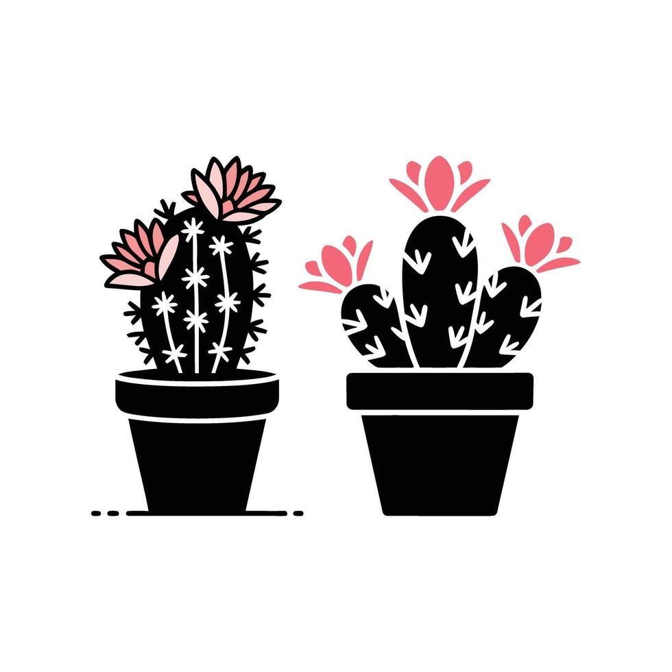 Two Potted Cacti Featuring Pink Flowers and Black Silhouette Designs on a White Background vector