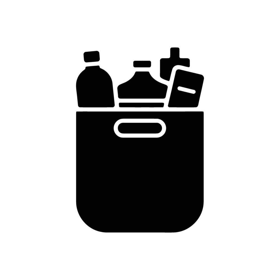 Black Silhouette of Shopping Bag Filled with Bottles and Boxy Items, Groceries vector