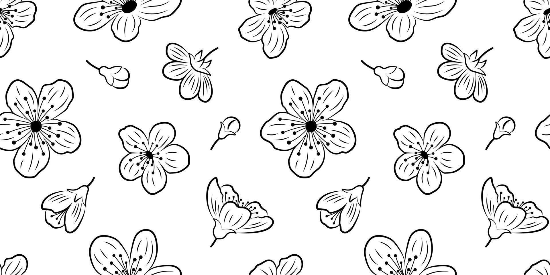 Seamless pattern with black outlines of sakura flowers and buds on a white background for textile, fabric, wrapping paper. Botanical pattern with cherry blossom. vector