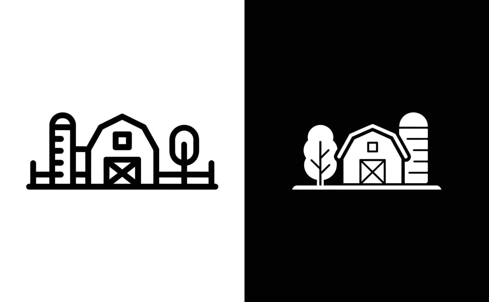 Line Icon Farmhouse Landscape Featuring Barn, Silo, and Tree on Split Background vector