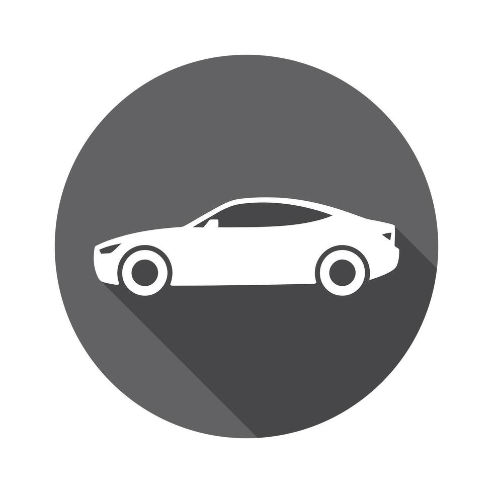 White Car Icon on Gray Circle with Long Shadow, Minimalist Design Illustration vector